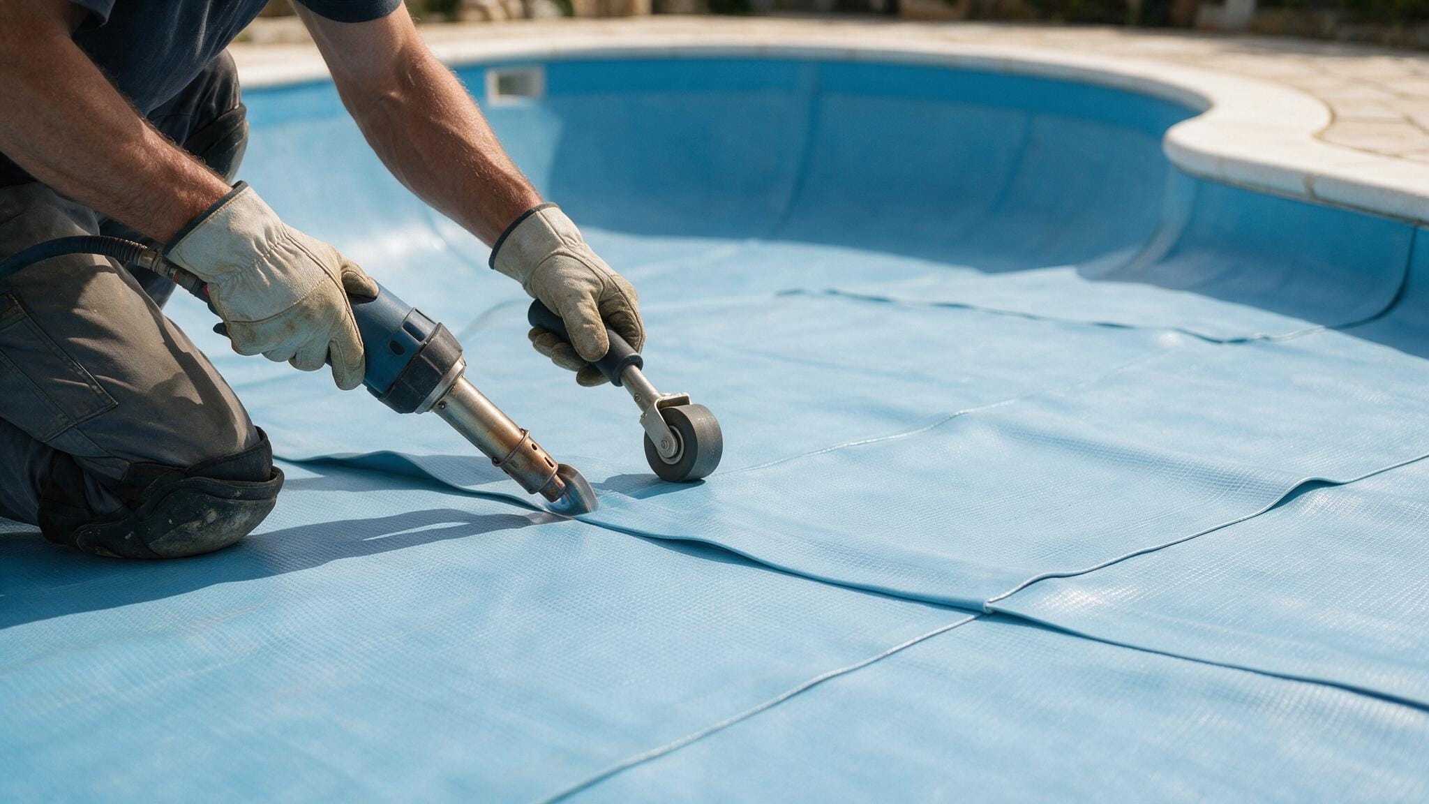 Soudure à l'air chaud d'une membrane PVC armé dans une piscine