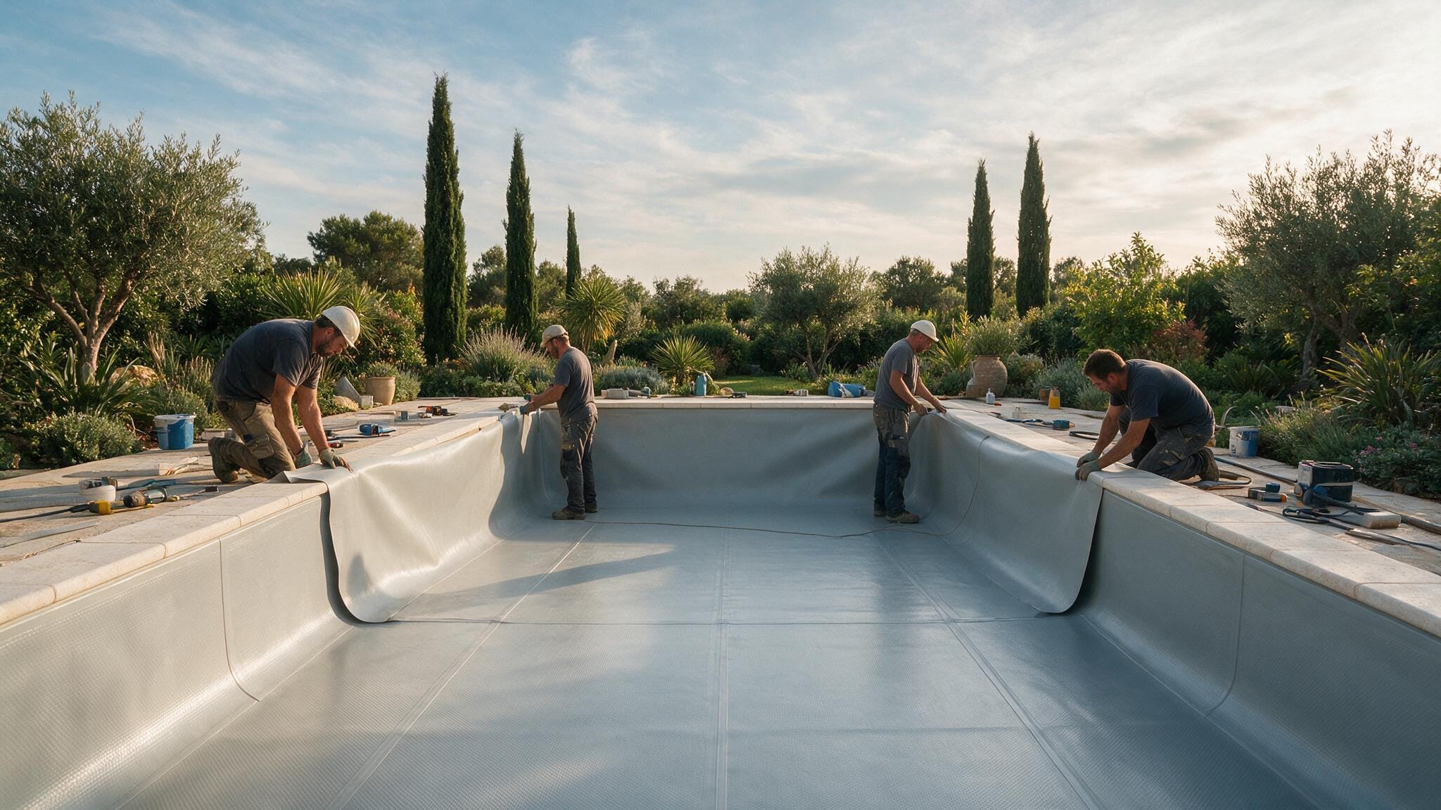 Piscine en cours de rénovation avec pose d'un revêtement PVC armé